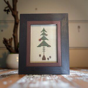 Framed Primitive Cross-Stitch Pine Tree w/ Button Embellishments Cardinal